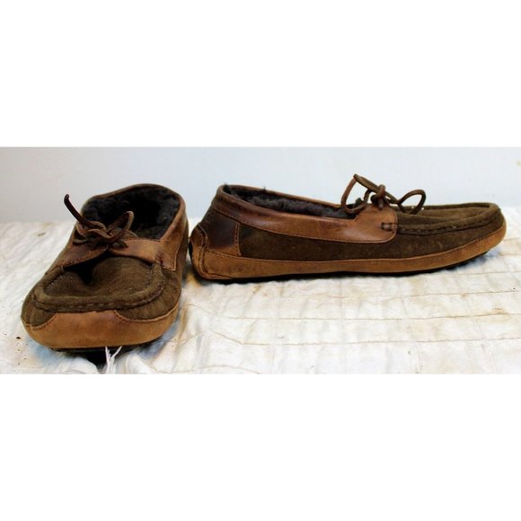 Ugg House Slippers Boat Style Sherpa Fur Lined Mens Rubber Soles sz 8 Brown - Picture 7 of 11